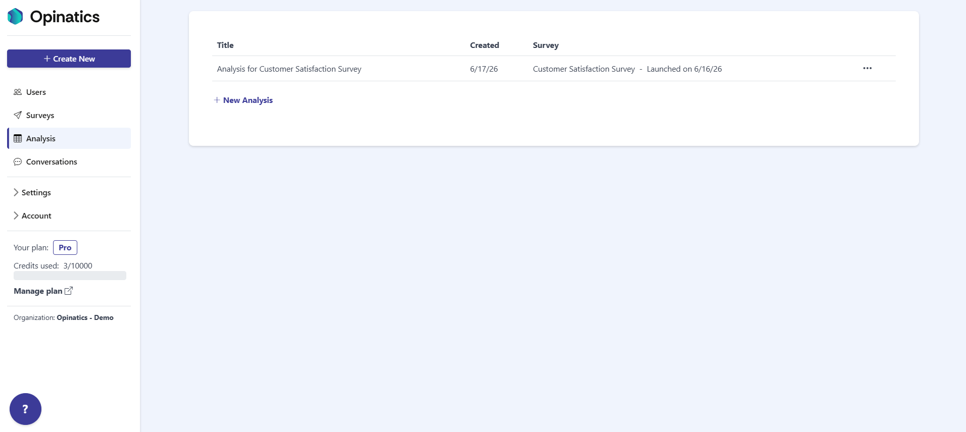 The Analysis section showing the list of analyses in a table and the New Analysis link below it