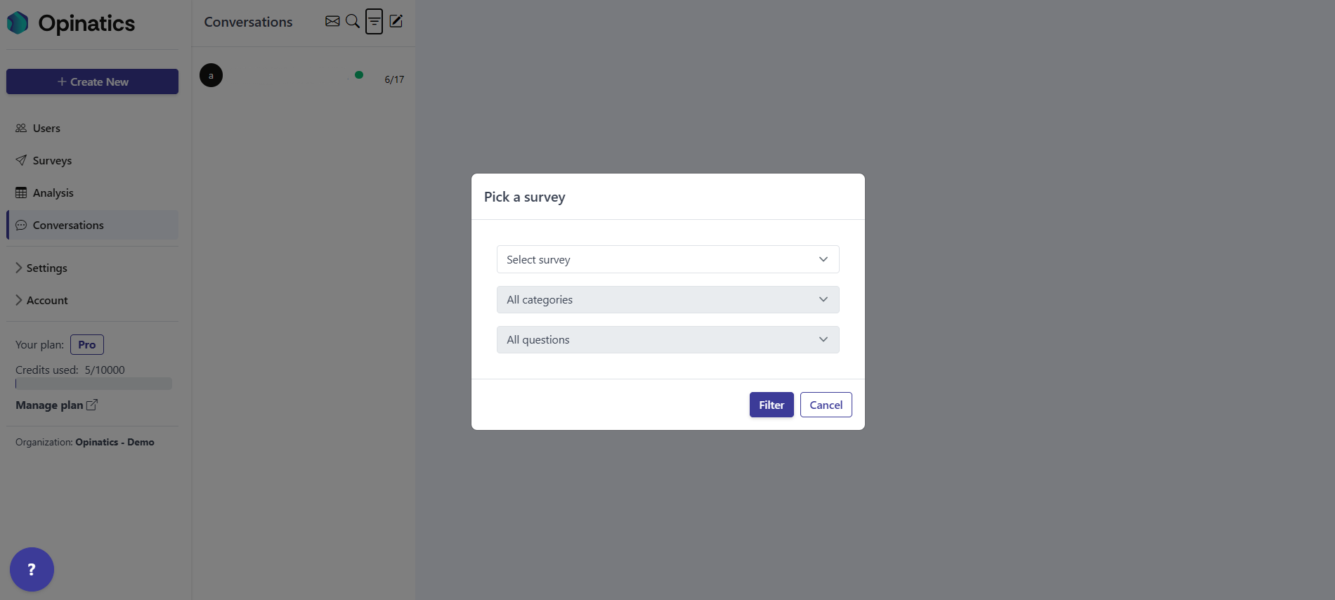 The Pick a survey filter panel with the Select survey, All categories, and All questions dropdowns and the Filter and Cancel buttons