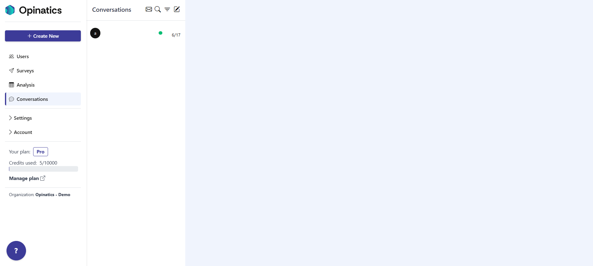 The Conversations section showing the inbox list on the left and the empty message pane on the right