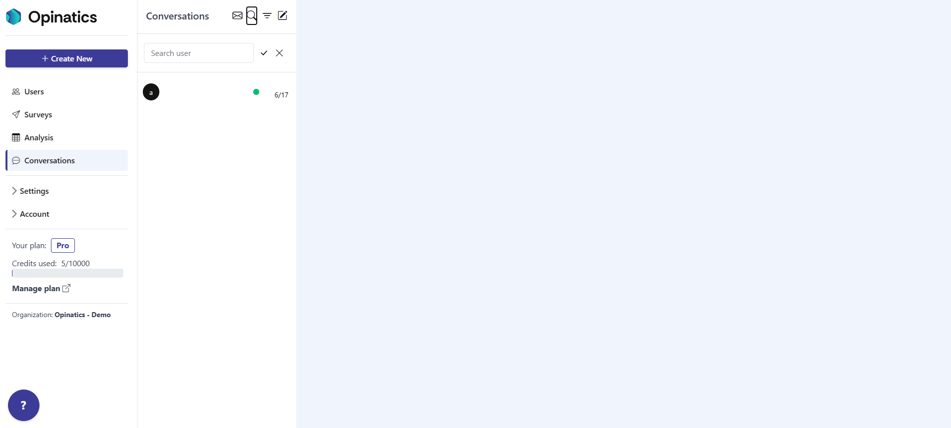 The Search user field open above the conversations list