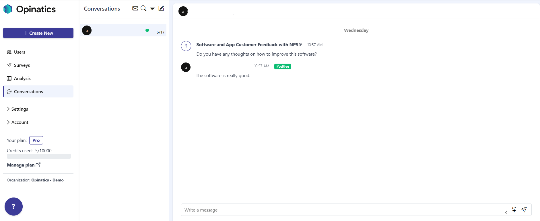 A conversation thread with a Wednesday day separator, a survey question message marked with a question-mark icon, and the user's answer carrying a green Positive sentiment badge