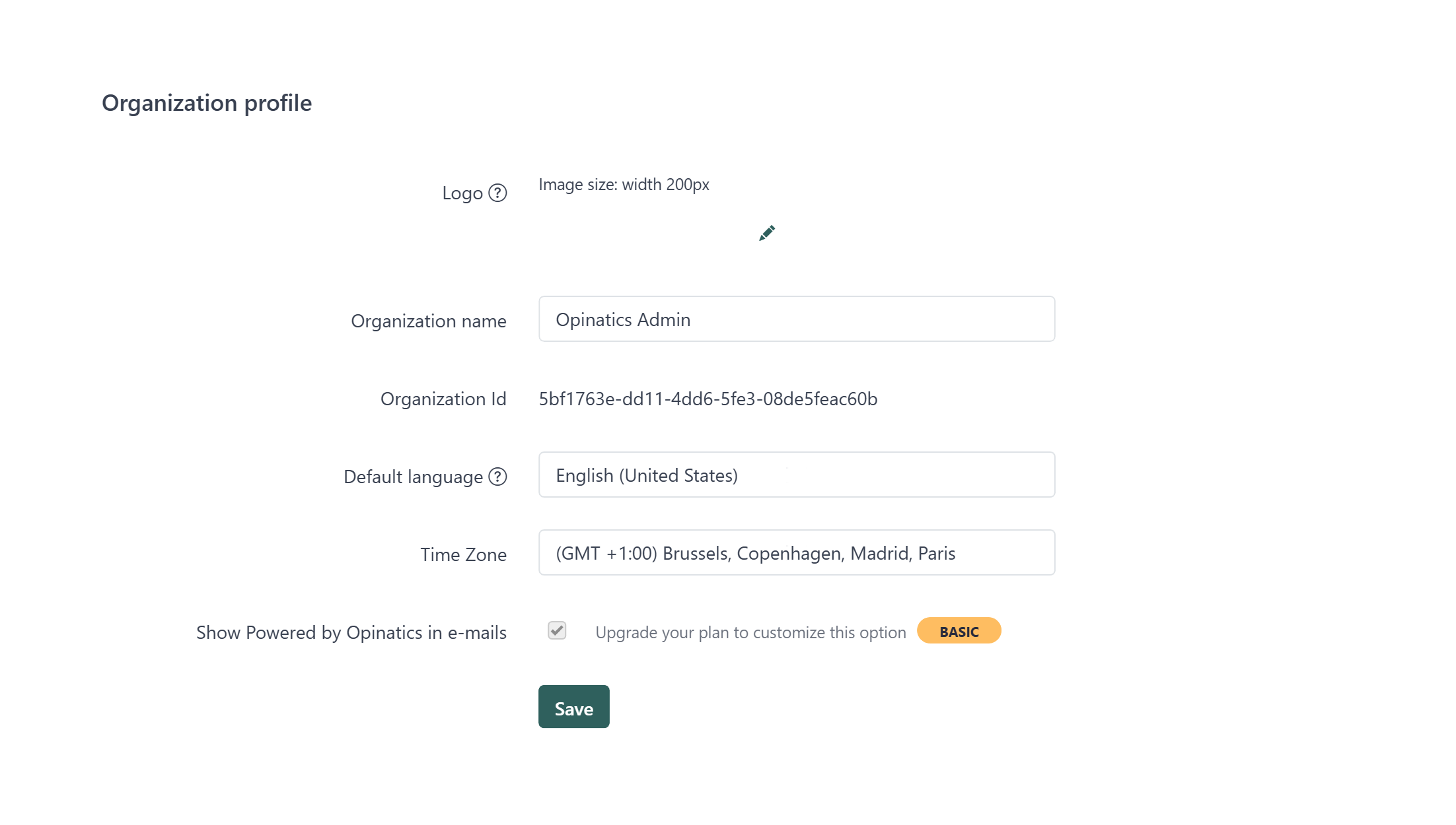 Organization Profile page showing logo, name, language and time zone fields