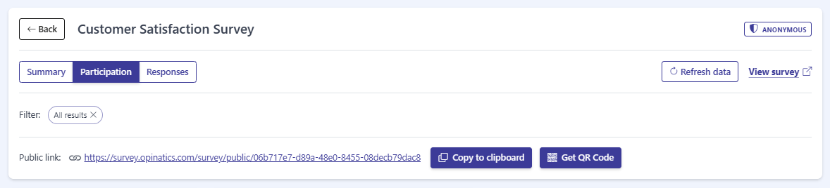 The Public link row showing the shareable URL with the Copy to clipboard and Get QR Code buttons