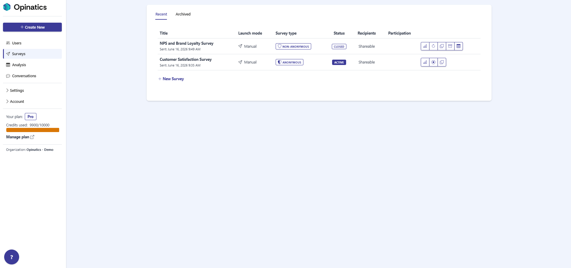 Surveys page showing the survey list with its columns and per-survey action buttons