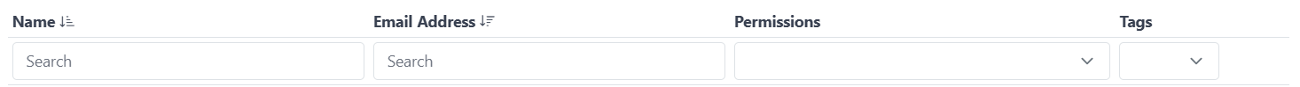 Search, sort, and filter controls of the table