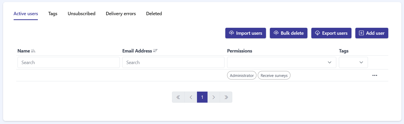 Active users table with the header actions