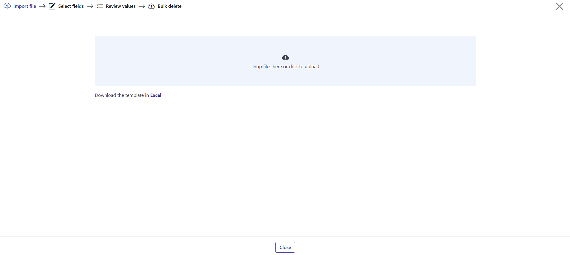 Step 1: the upload area and the Download the template in Excel link