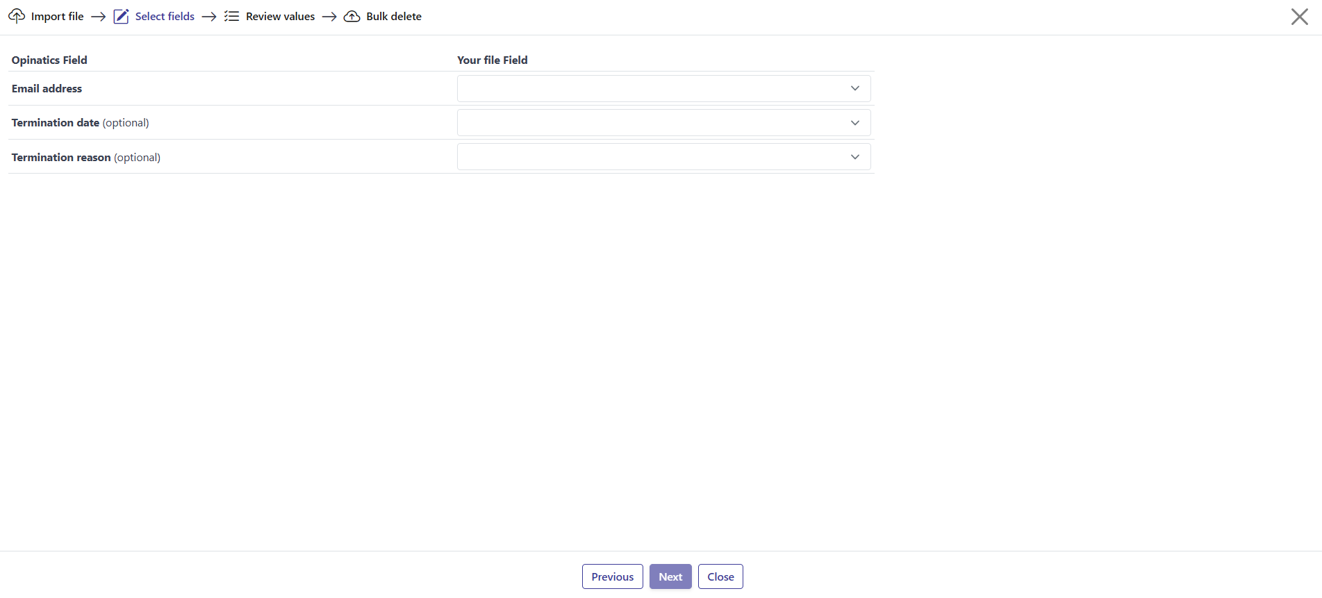 Step 2: the Opinatics Field and Your file Field mapping table, with Email address required