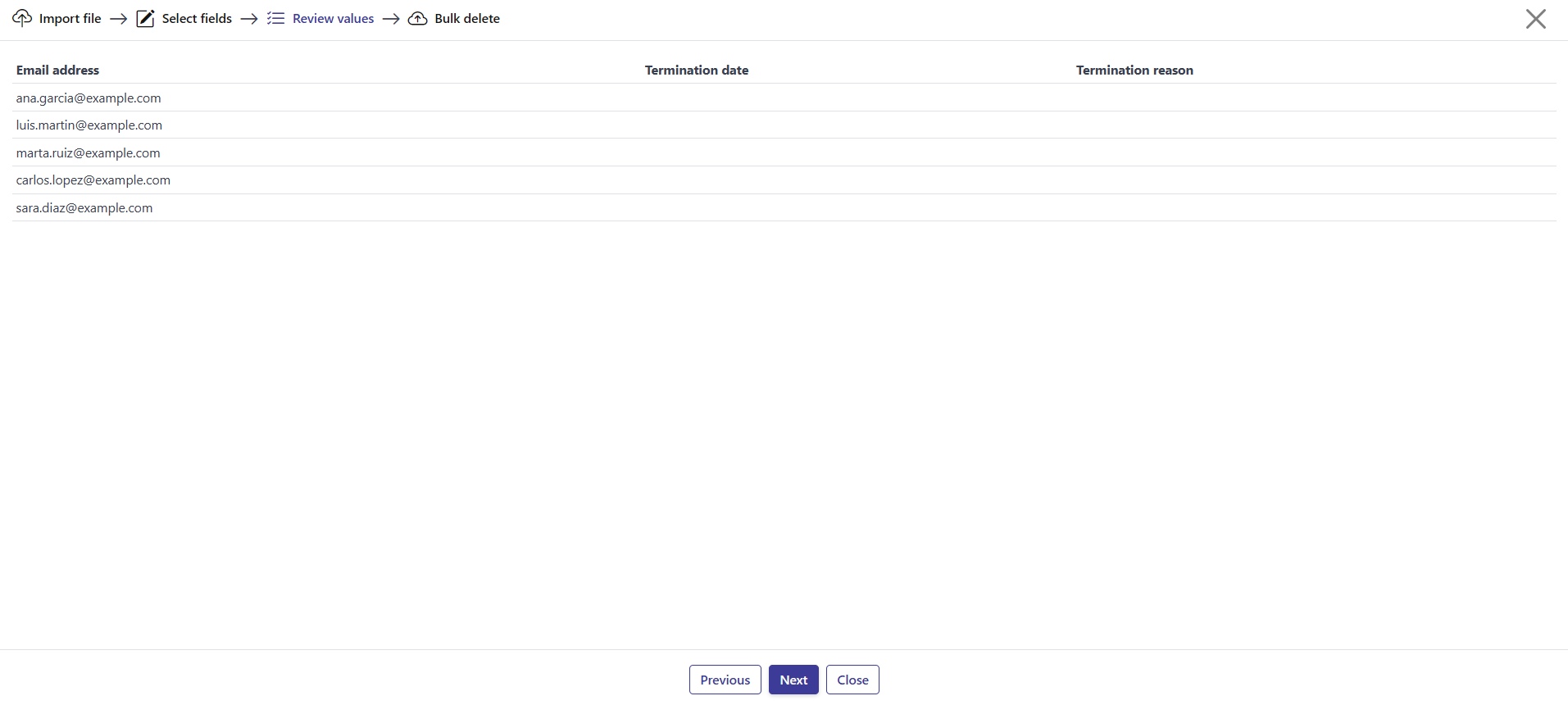 Step 3: the review table previewing the email, termination date, and termination reason values
