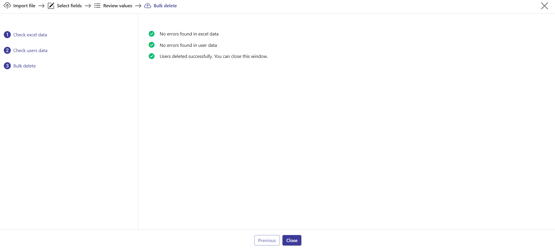 Step 4: the validation checklist confirming the users were deleted successfully