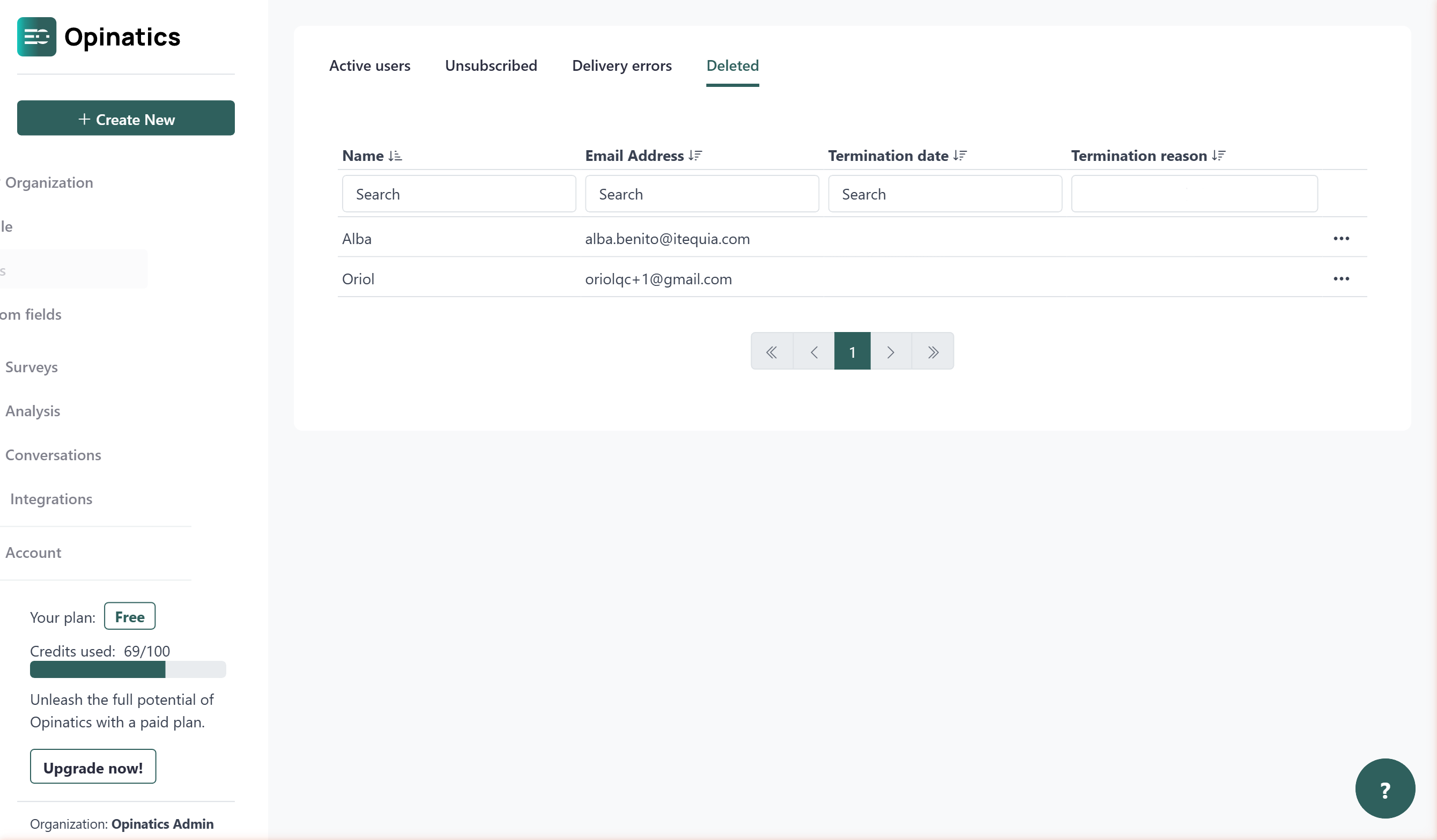 Deleted users tab showing a list with name, email, termination date and termination reason columns