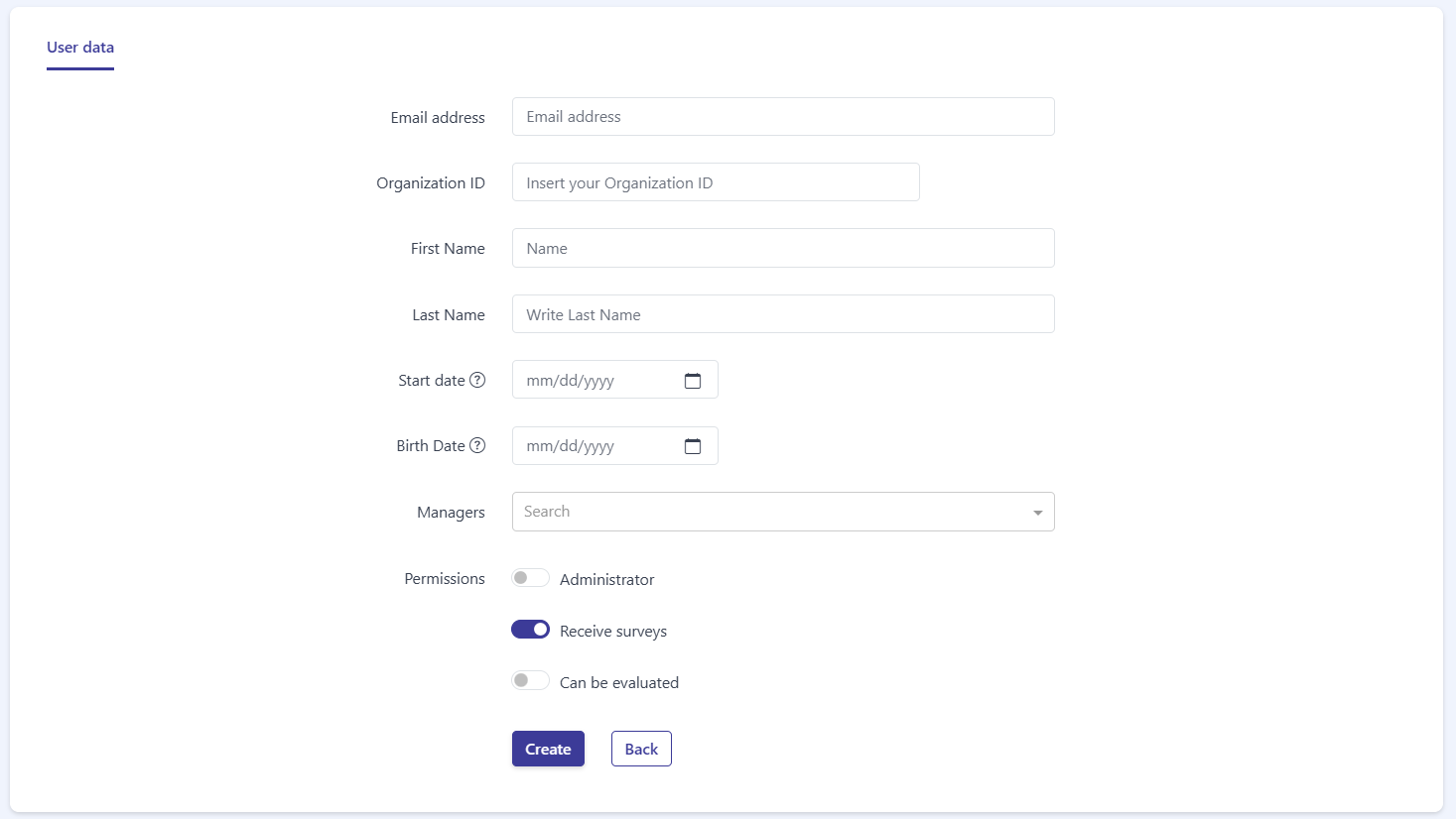 User data form showing the email, organization ID, name, date, and Managers fields with the permissions toggles