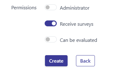 Permissions toggles and the Create and Back buttons at the bottom of the form