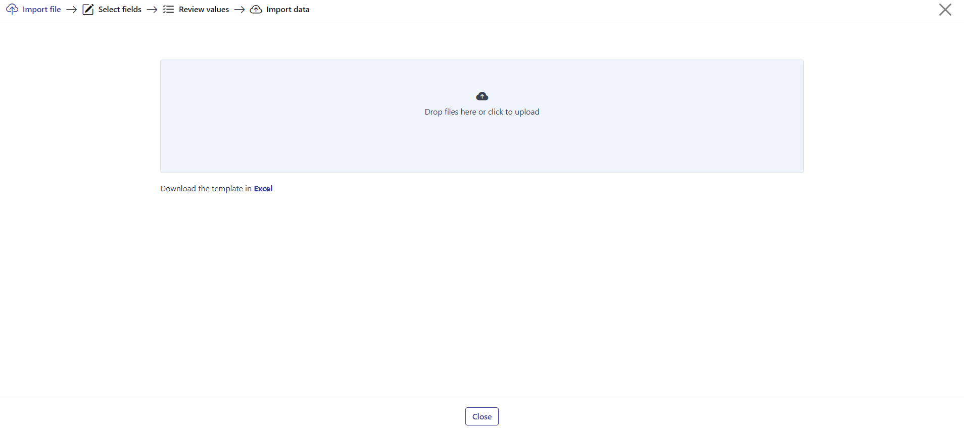 Step 1: the upload area and the Download the template in Excel link