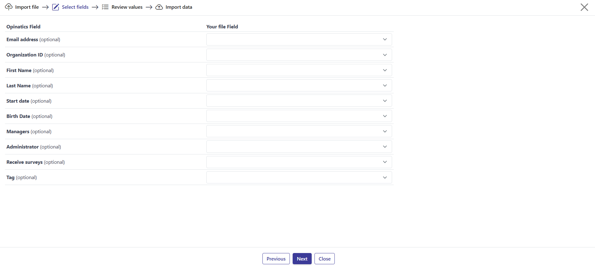 Step 2: the Opinatics Field and Your file Field mapping table