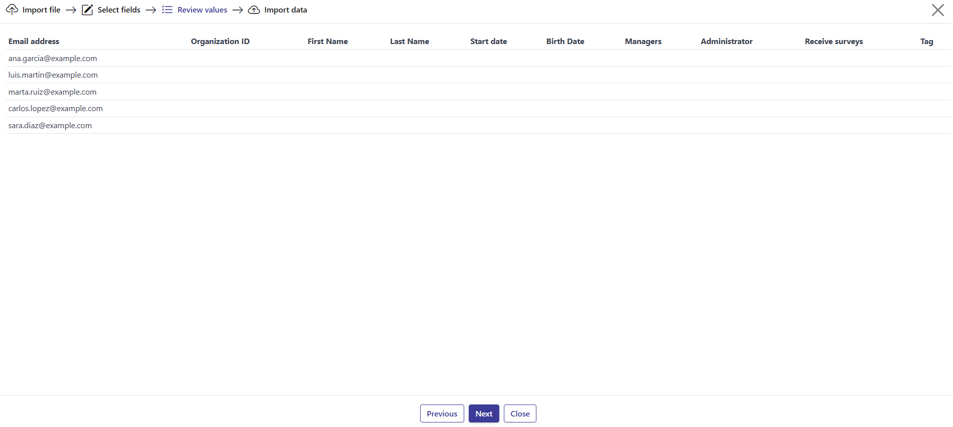 Step 3: the review table previewing the values to import