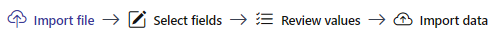 The four-step progress bar: Import file, Select fields, Review values, Import data