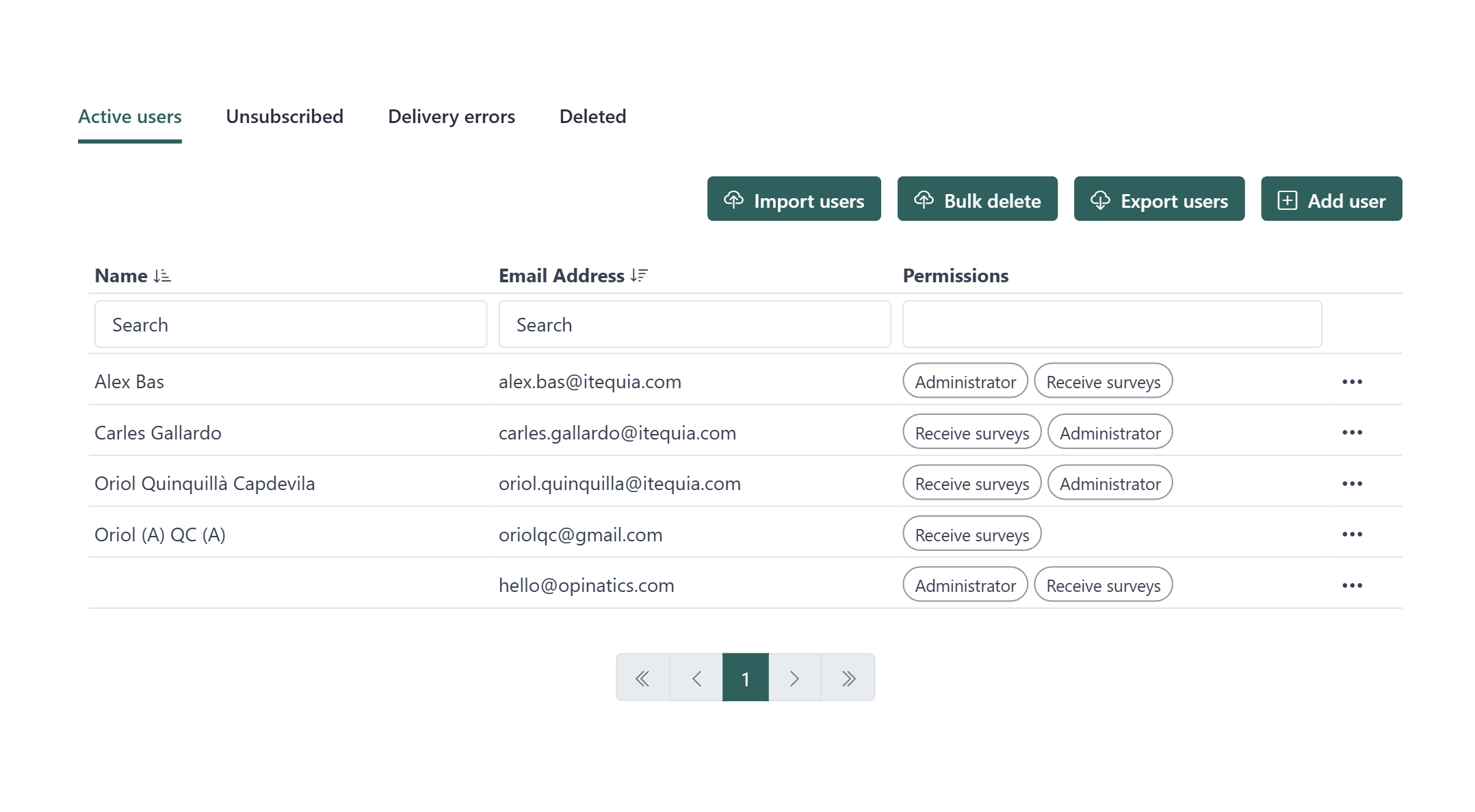 Users page showing the active users list with name, email, and permissions columns