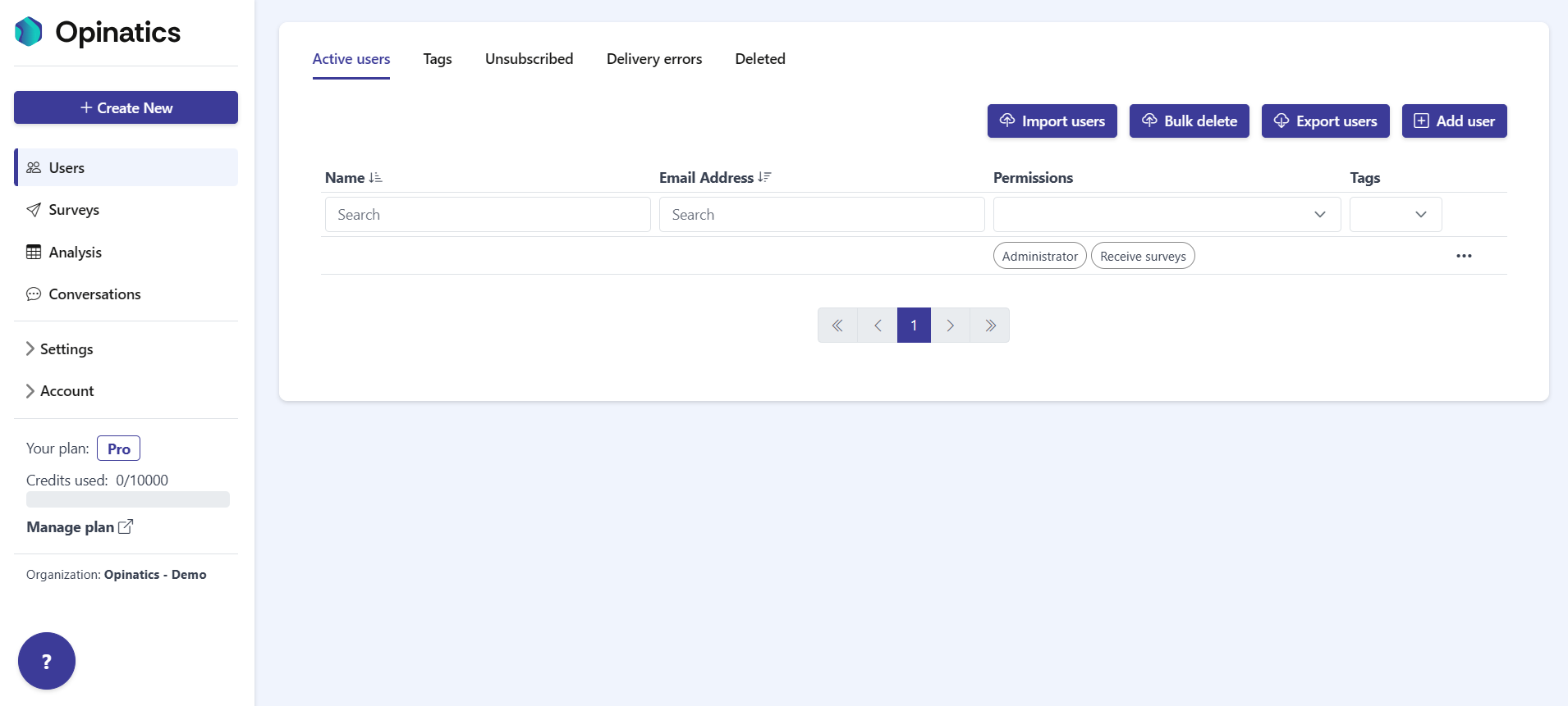 Overview of the Users page showing the tabs and header actions