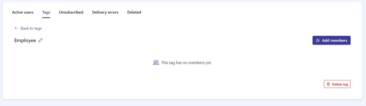 The tag detail view with the Back to tags link, the pencil rename icon, the Add members button, and the Delete tag button