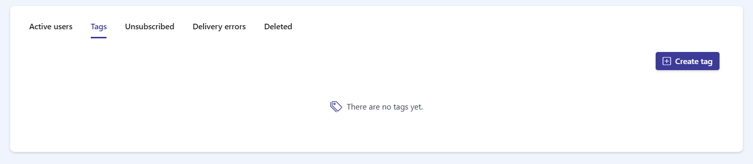 The Tags tab empty state, with the Create tag button in the top-right corner